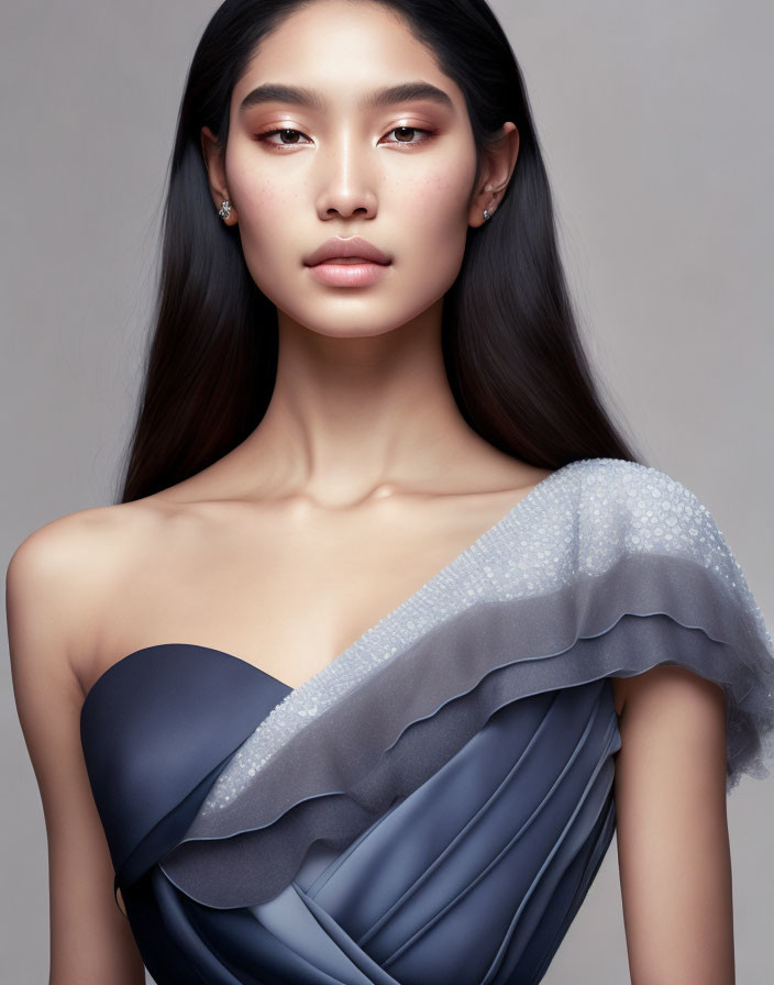 Shoulder-length straight hair, navy strapless dress with sheer ruffled detail