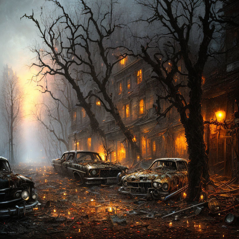 Vintage cars on misty, leaf-covered street at night