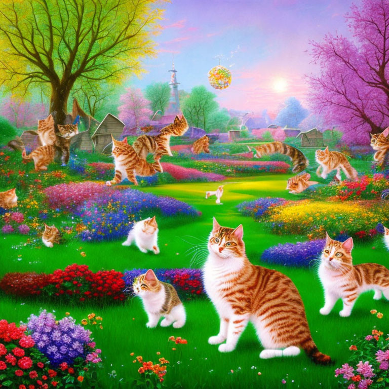 Vibrant Flower-Filled Landscape with Tabby Cats and Whimsical Details