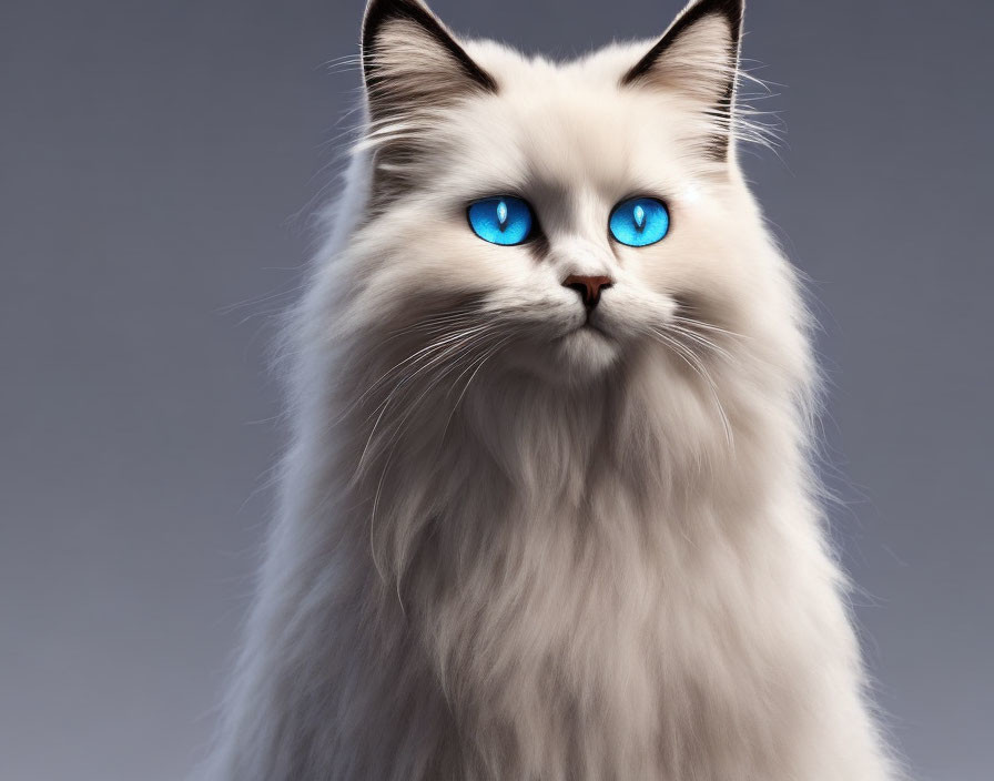 White Long-Haired Cat with Blue Eyes on Grey Background