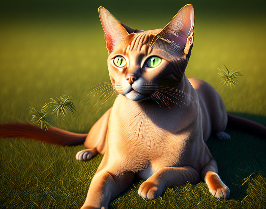 Brown Cat with Large Eyes Relaxing in Grass Field with Dandelion Seeds