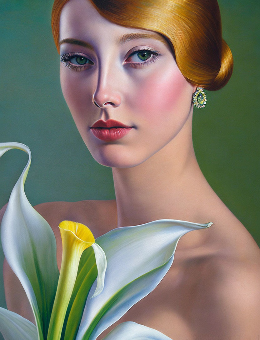 Stylized portrait of woman with bob haircut and calla lily