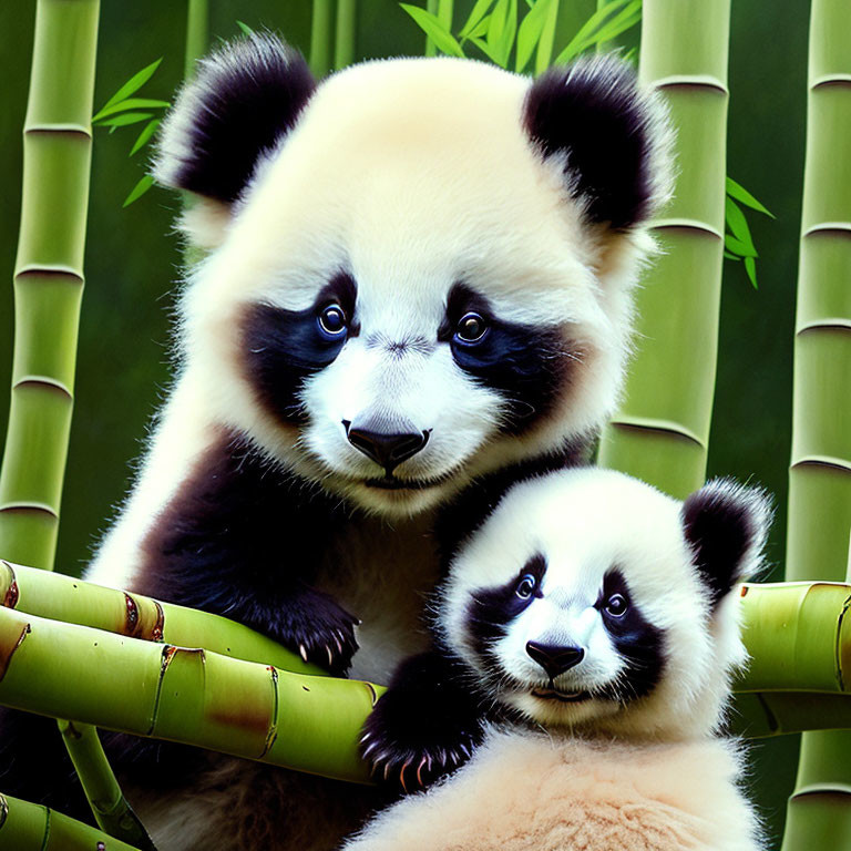 Two pandas among bamboo: one large, one small, both facing forward