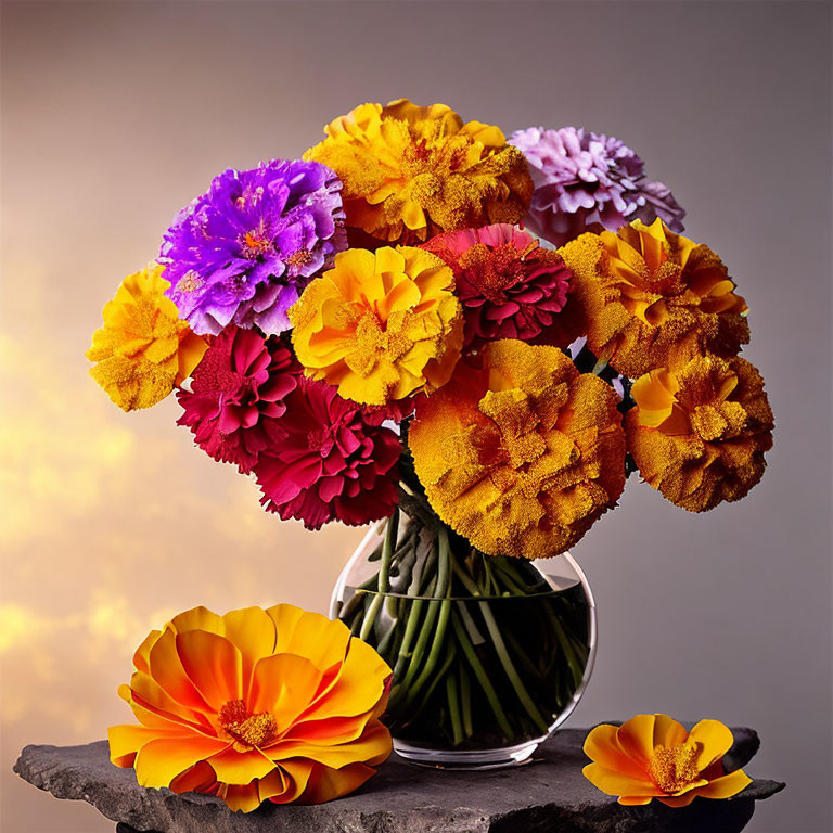 Multicolored Flower Bouquet in Glass Vase on Rock with Warm Backdrop