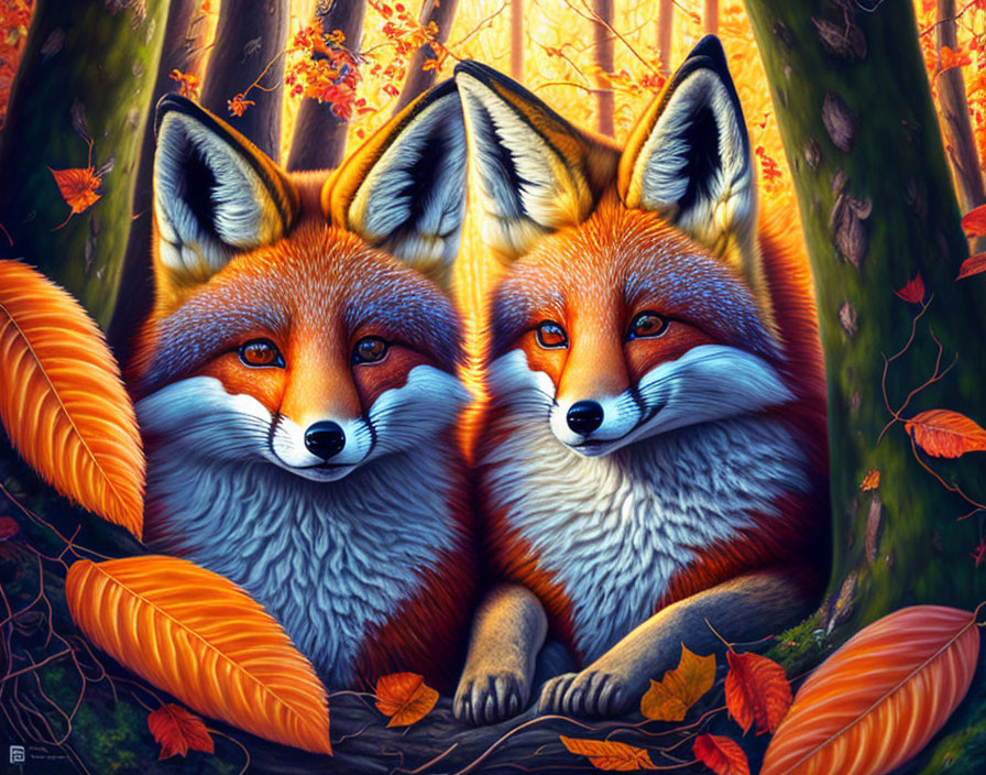 Vibrant foxes in colorful autumn forest.