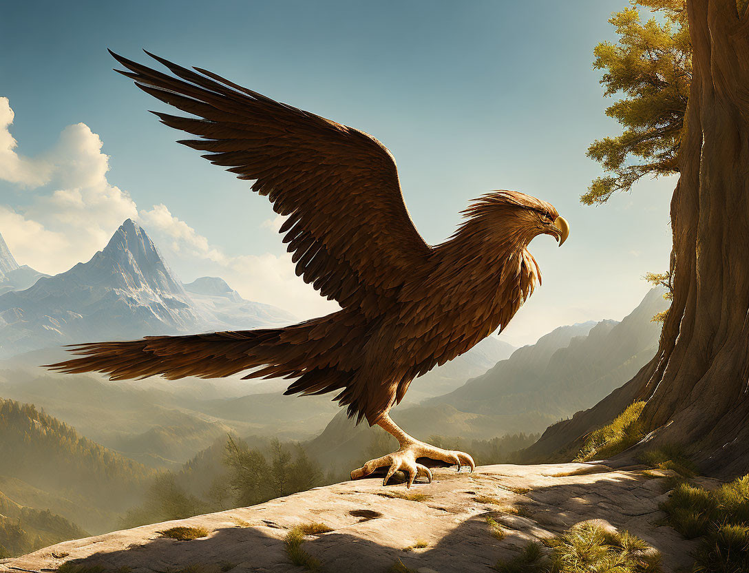 Majestic eagle perched on sunlit rock ledge overlooking mountainous landscape