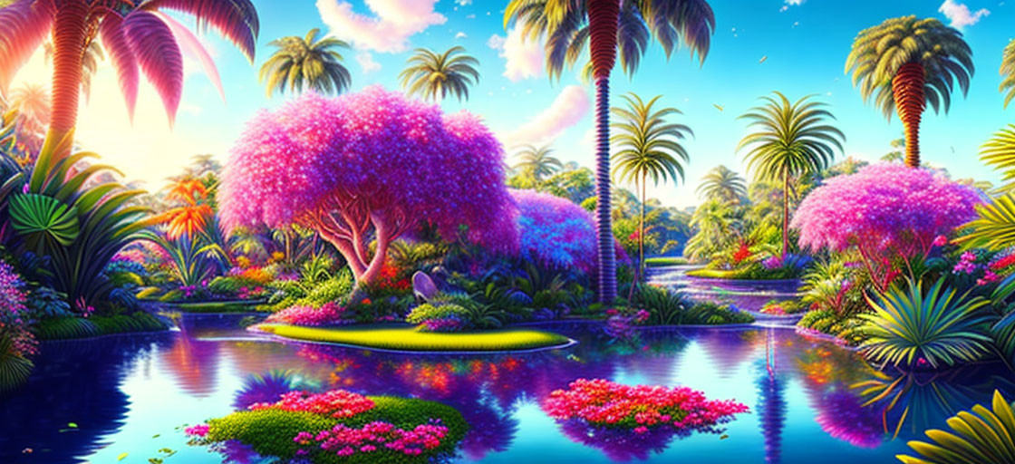 Colorful digital artwork of lush tropical paradise with pink trees, vibrant foliage, blue waterways, and