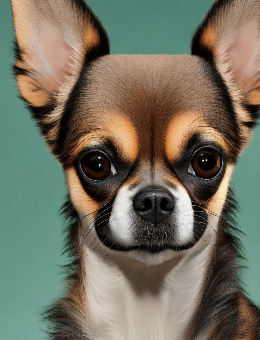 Chihuahua portrait with large ears and expressive eyes on teal background