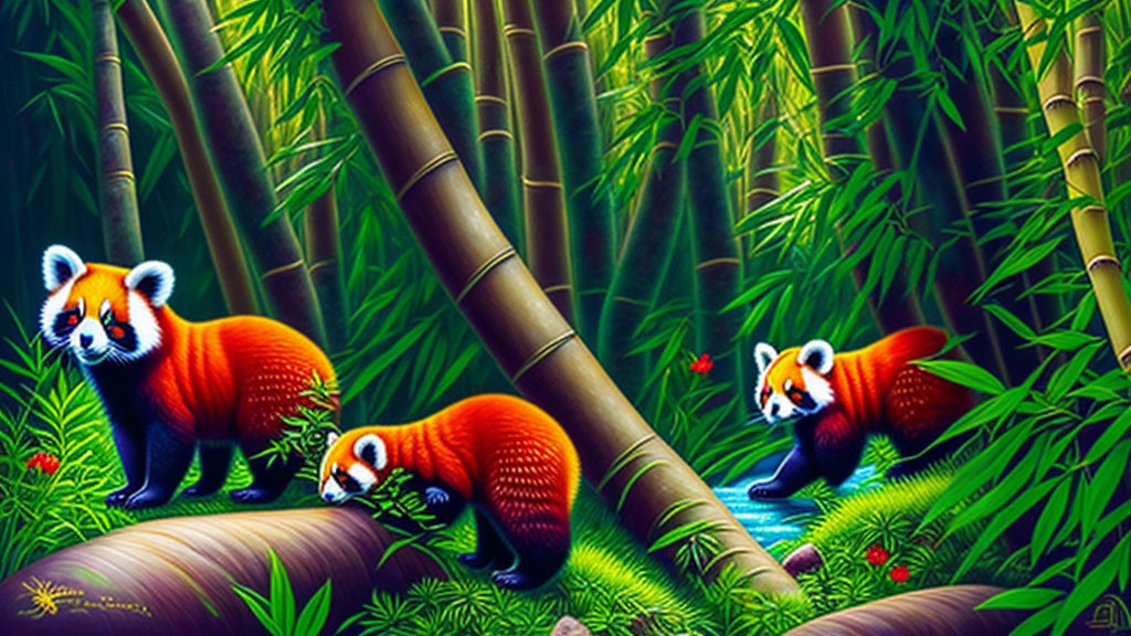 Three Red Pandas in Lush Bamboo Forest