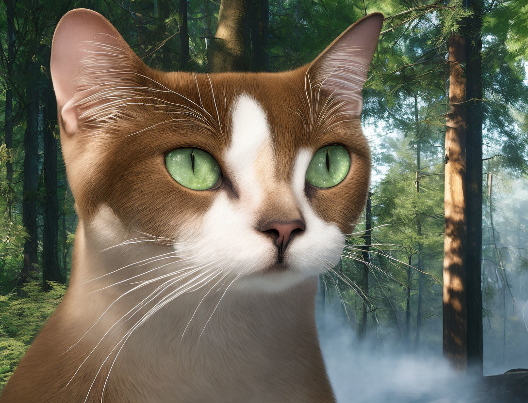 Digital artwork of cat with human-like face in forest setting