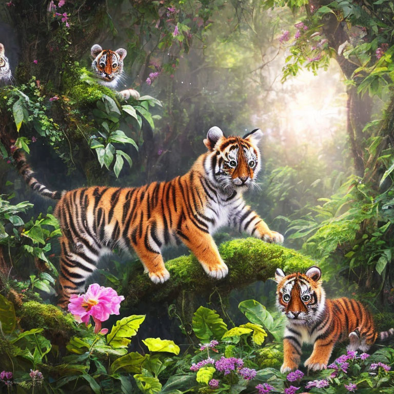 Three Tiger Cubs Playing in Lush Jungle with Pink Flower