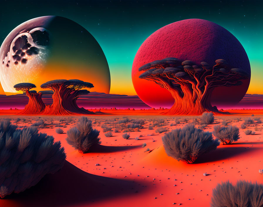 Surreal landscape with large planets, mushroom-shaped trees, and red desert terrain