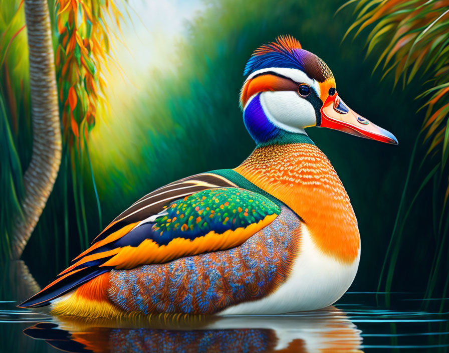 Colorful Mandarin Duck in Lush Greenery and Sunlight