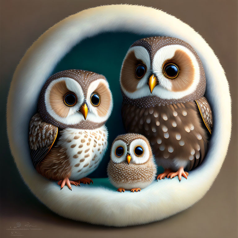 Three stylized owls in circular border: cute family aesthetic