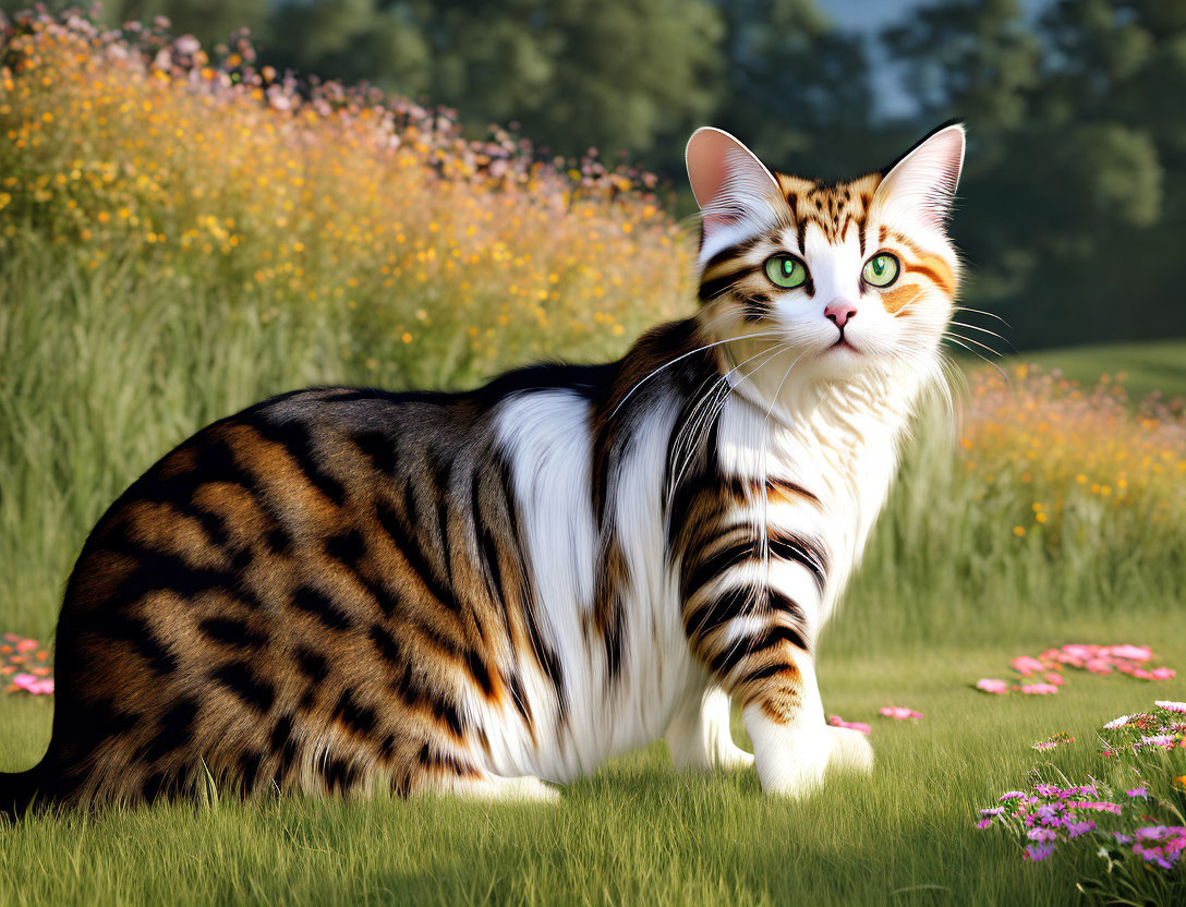 Tabby cat with green eyes in vibrant meadow scene