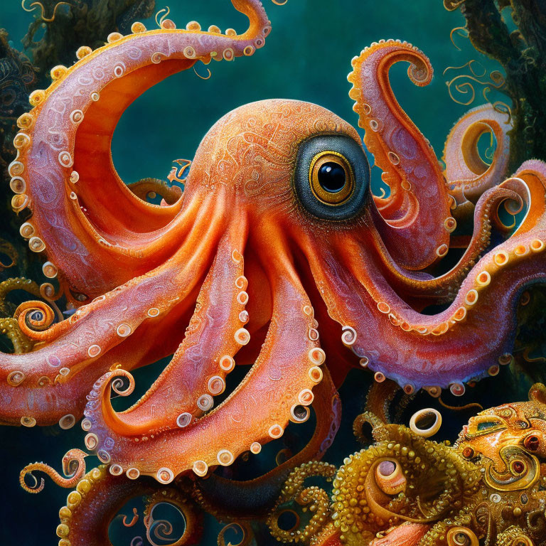 Detailed Orange Octopus with Large Eyes and Curling Tentacles