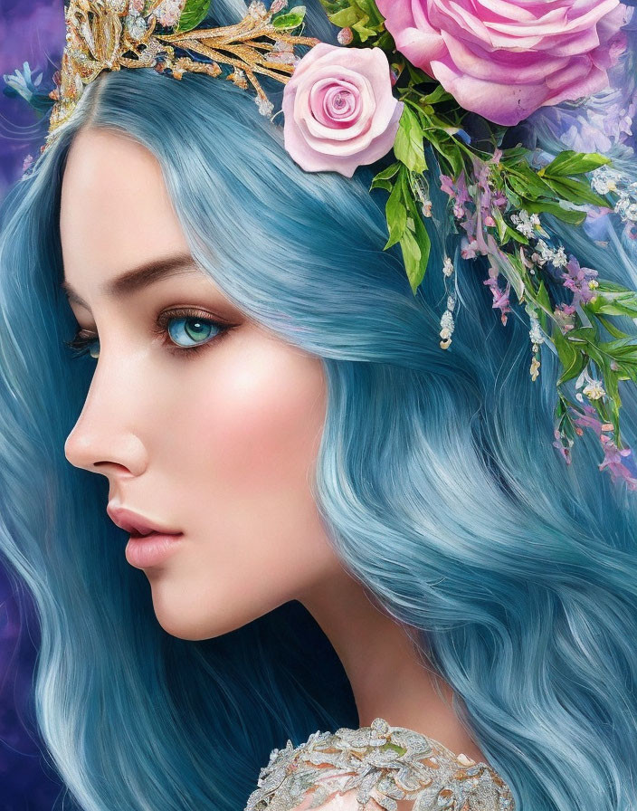 Portrait of Woman with Light Blue Hair and Flower Crown Featuring Blue Eyes