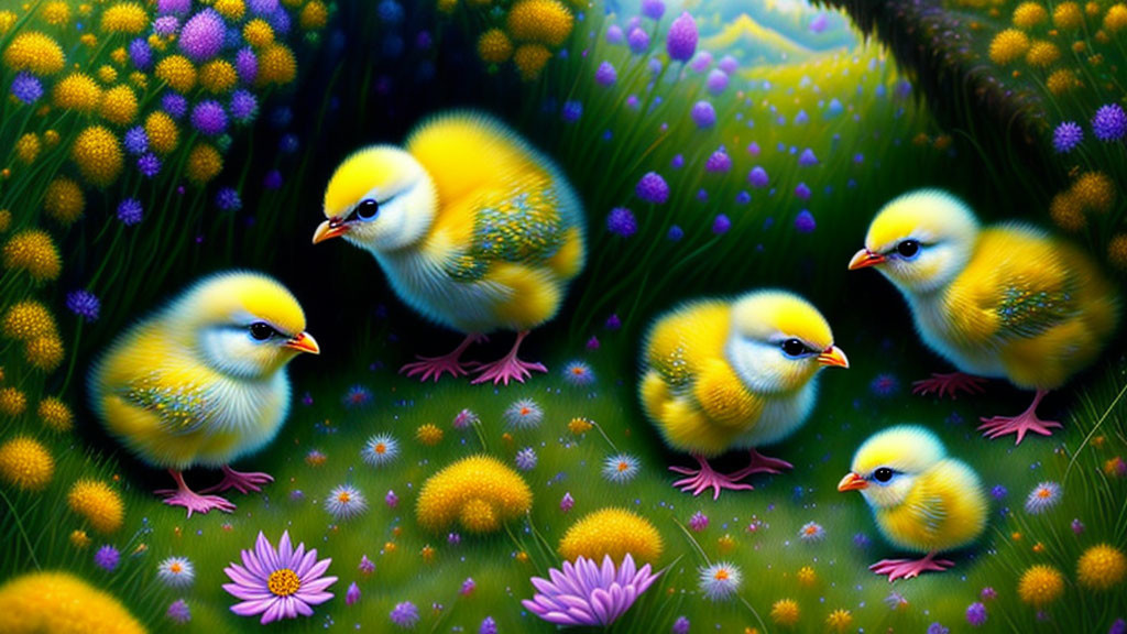 Five Yellow Chicks in Colorful Flower Garden