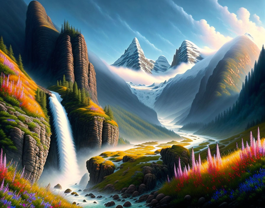 Lush Fantasy Landscape with Waterfalls, Flowers, and Mountains