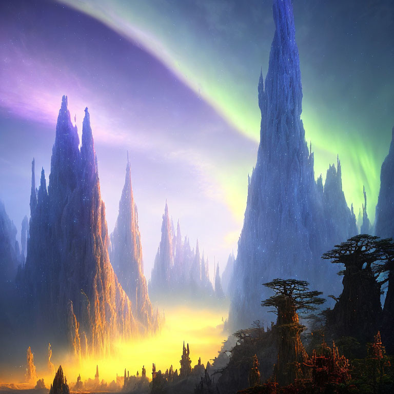 Fantastical landscape with towering spires and radiant sky.