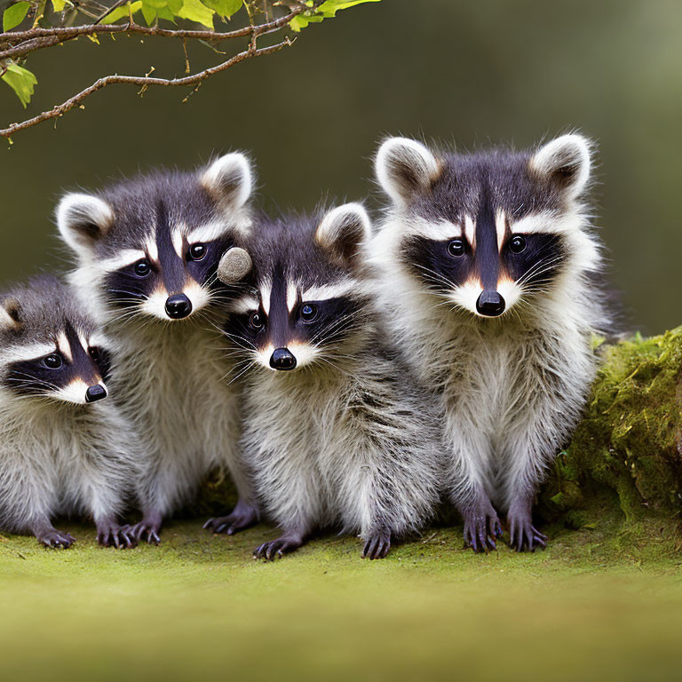 Group of raccoons on mossy branch with masked faces