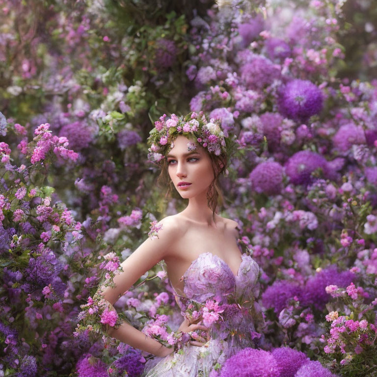 Woman in floral crown blending with blooming purple flowers