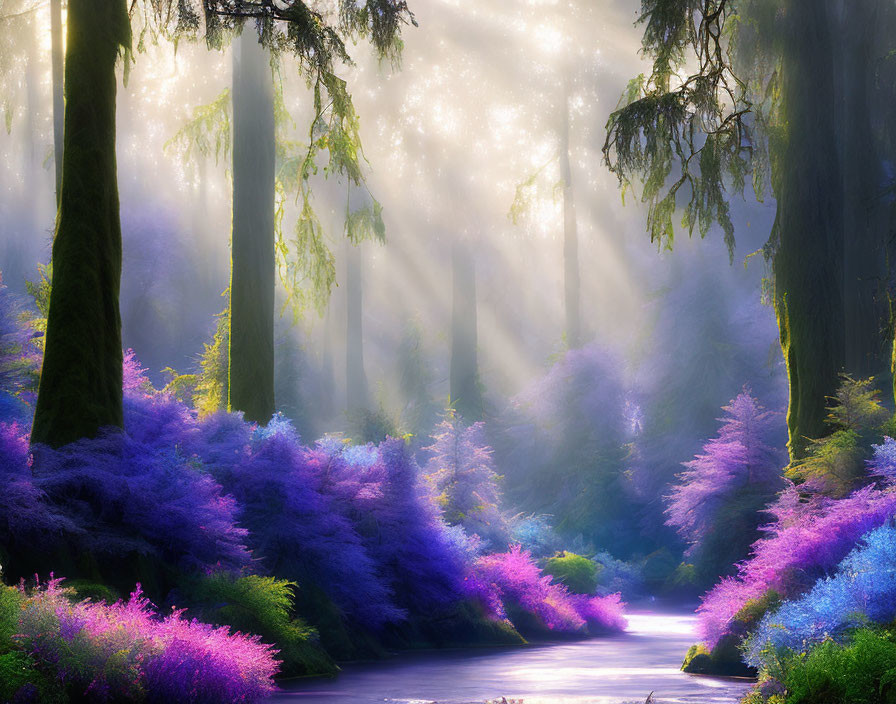 Misty forest with sunlight filtering through towering trees and vibrant purple flora