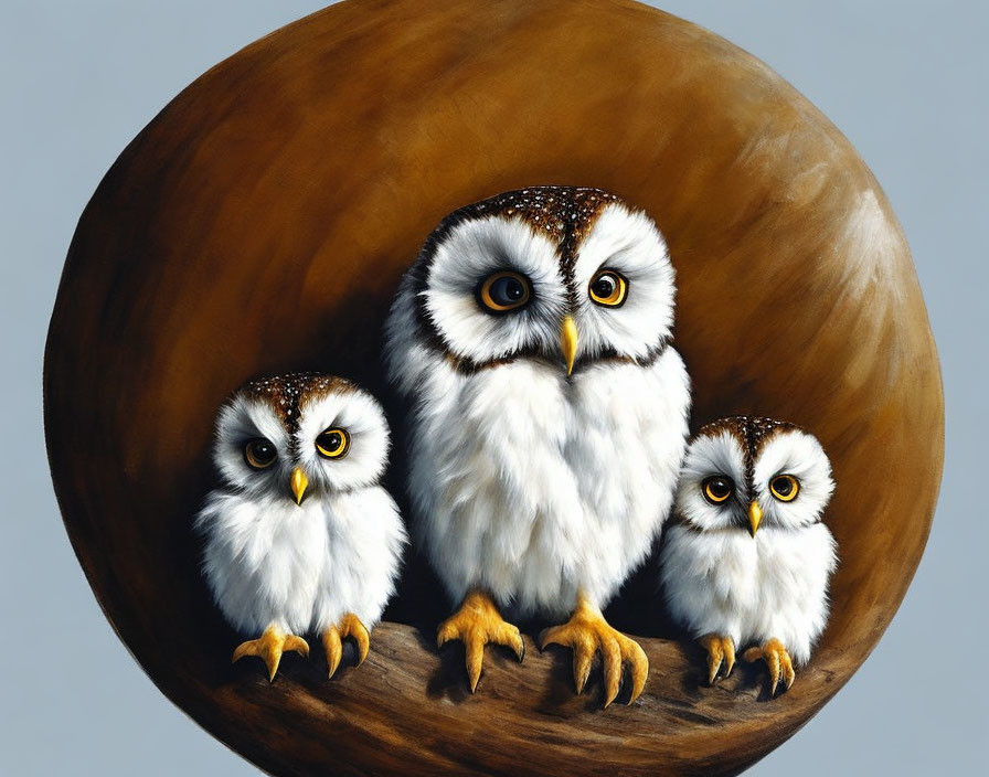 Three fluffy owls with big round eyes on brown backdrop