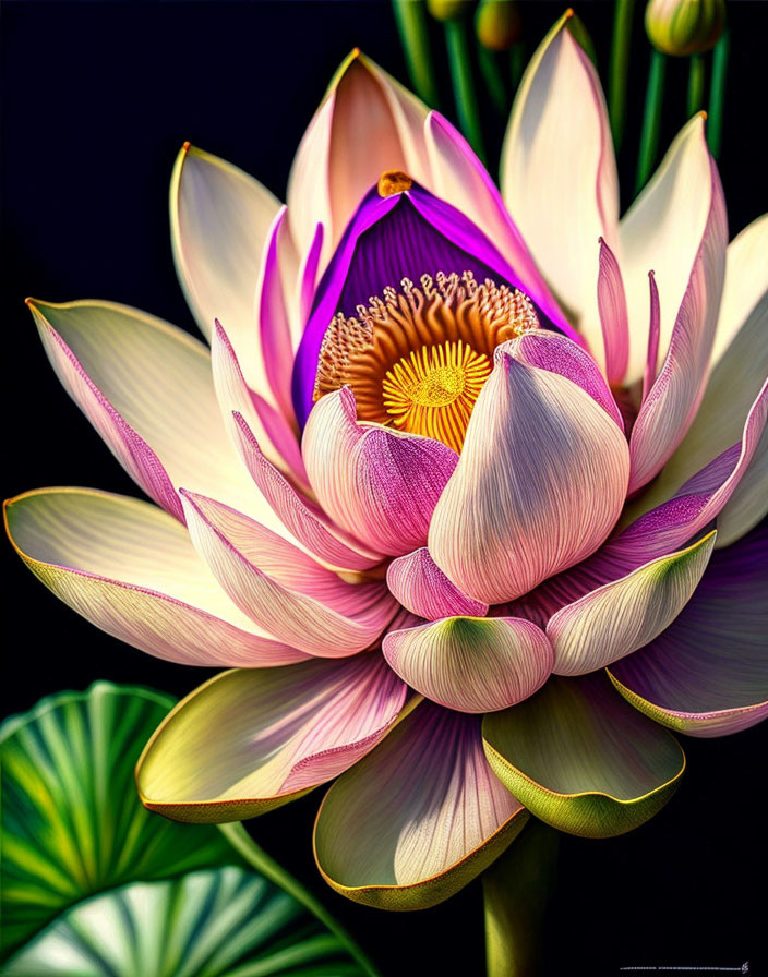 Detailed Pink and White Lotus Flower Illustration on Green Leaves