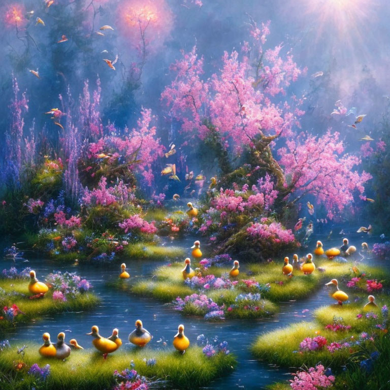 Magical landscape with rubber ducks, pink trees, sunlight, and butterflies