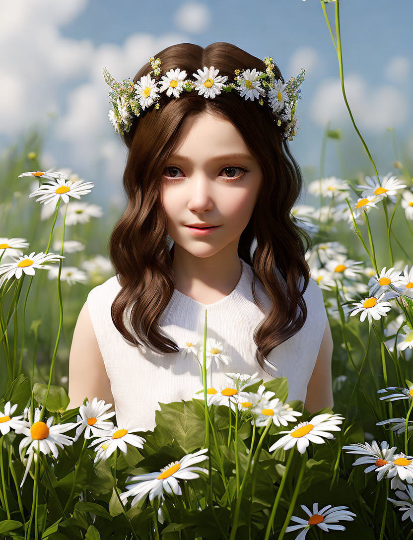 Young girl with daisy wreath in 3D-rendered image