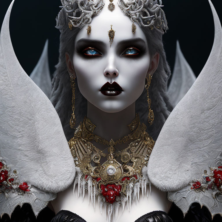 Gothic fantasy figure with blue eyes, headdress, wings & jewelry