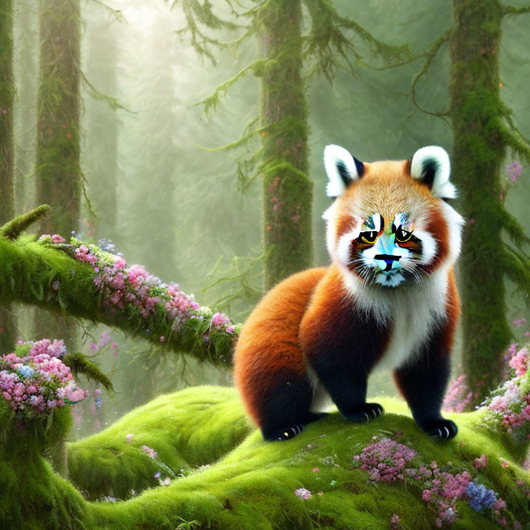 Vibrant red panda in lush misty forest with pink flowers