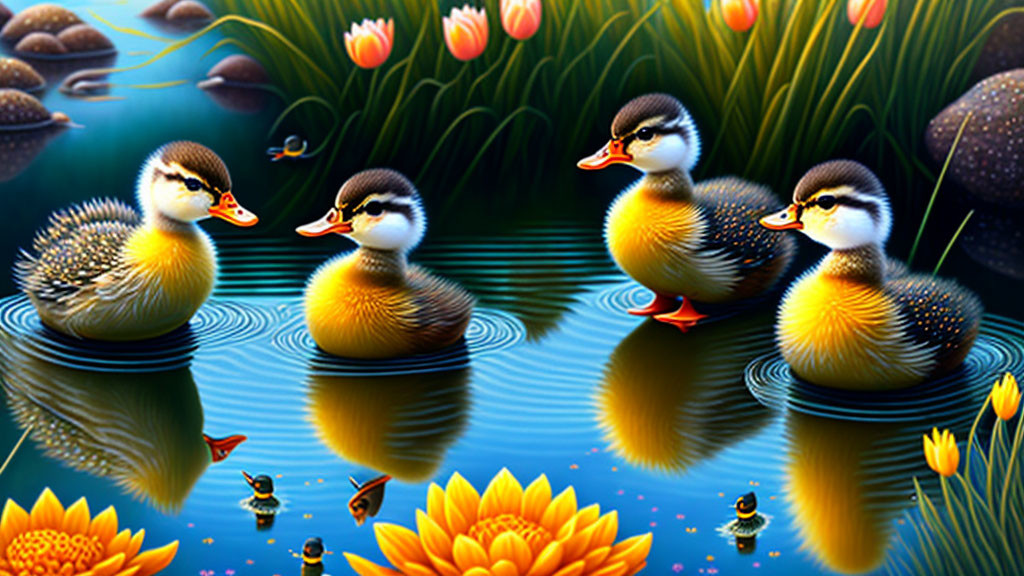 Cartoon ducklings among lotus flowers and frogs in nature scene