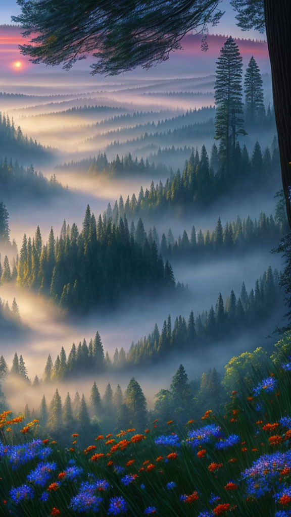 Tranquil forest dawn with mist layers, sun rays, and wildflowers