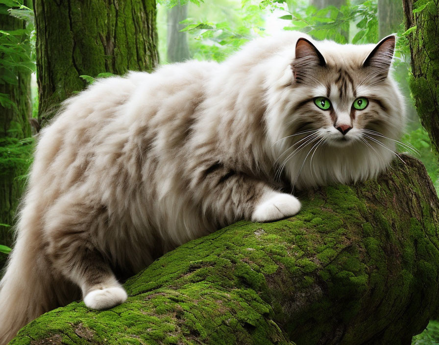 White Cat with Green Eyes on Mossy Tree Branch in Forest