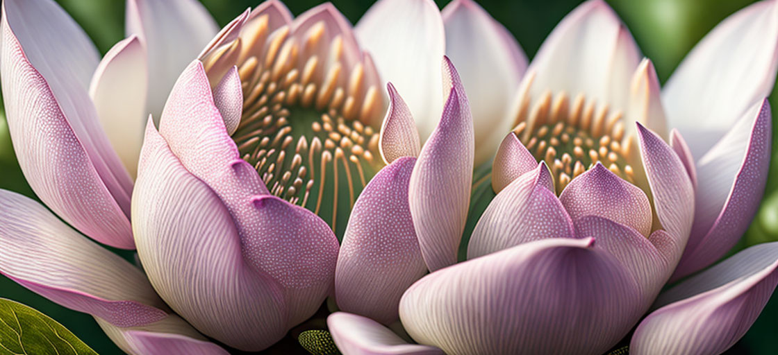 Blooming pink and white lotus flowers with visible seed heads on blurred green backdrop