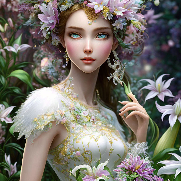 Ethereal woman with floral crown and butterfly in lush flower setting