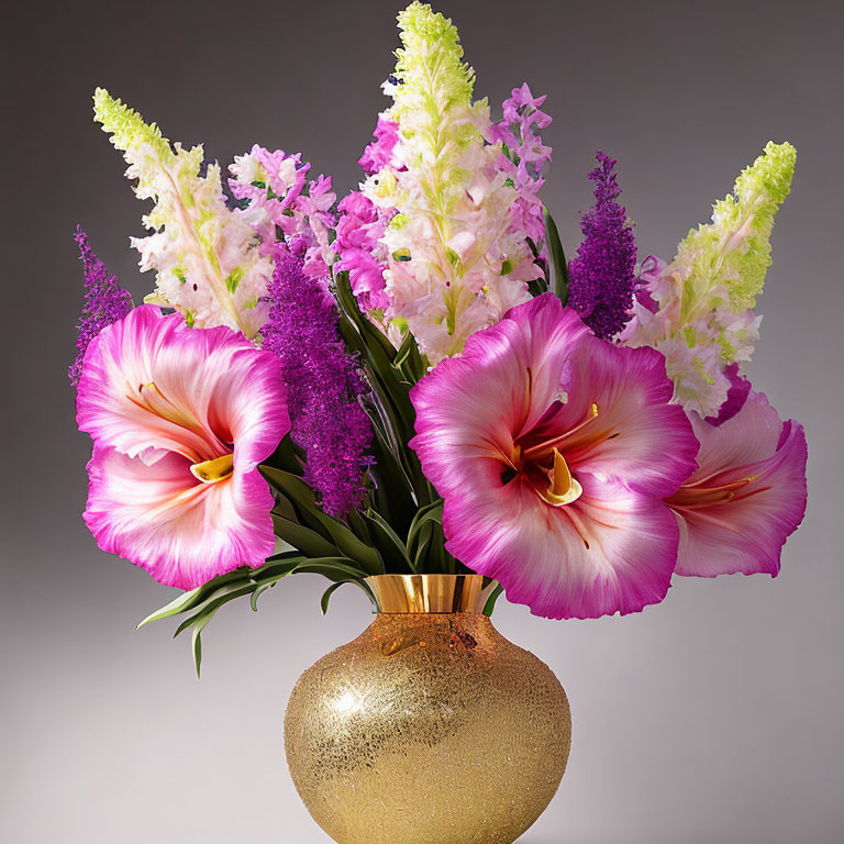 Vibrant pink gladioli and delicate purple flowers in golden vase