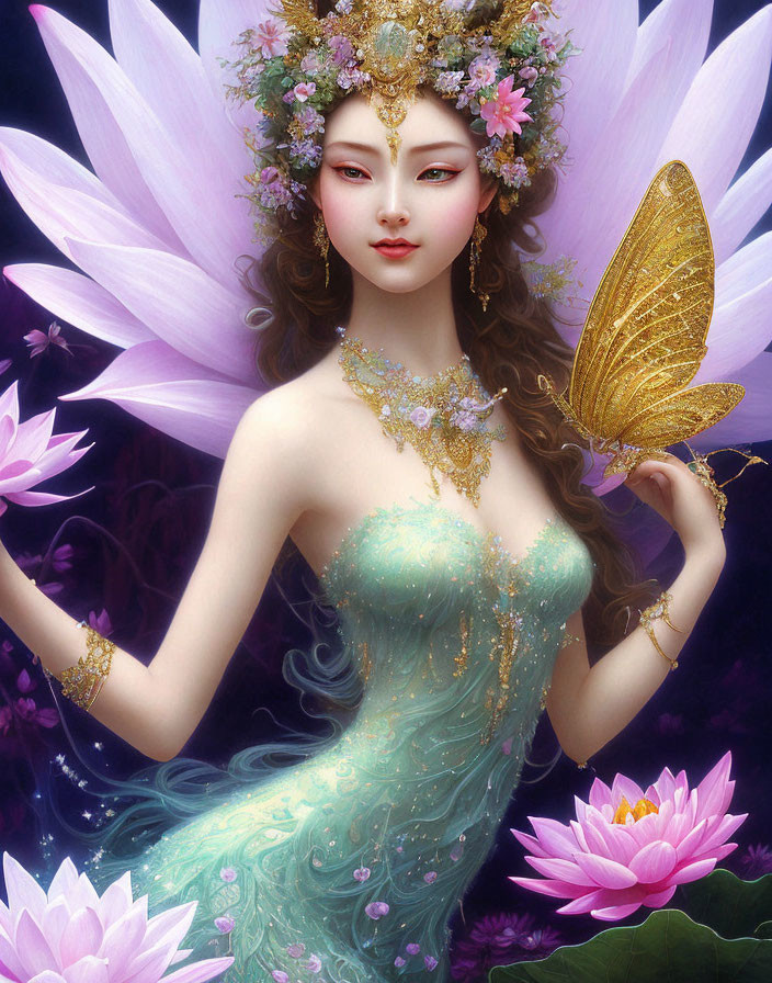 Fantastical female figure with floral crown and golden butterfly among pink lotus flowers