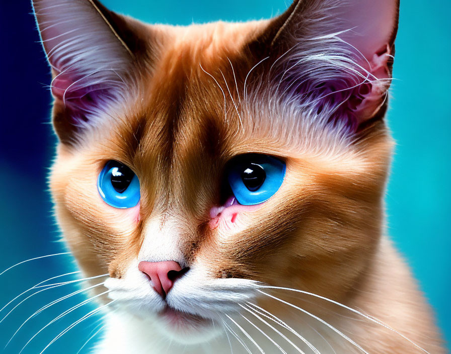 Striking blue-eyed cat with ginger fur and white whiskers on blue background