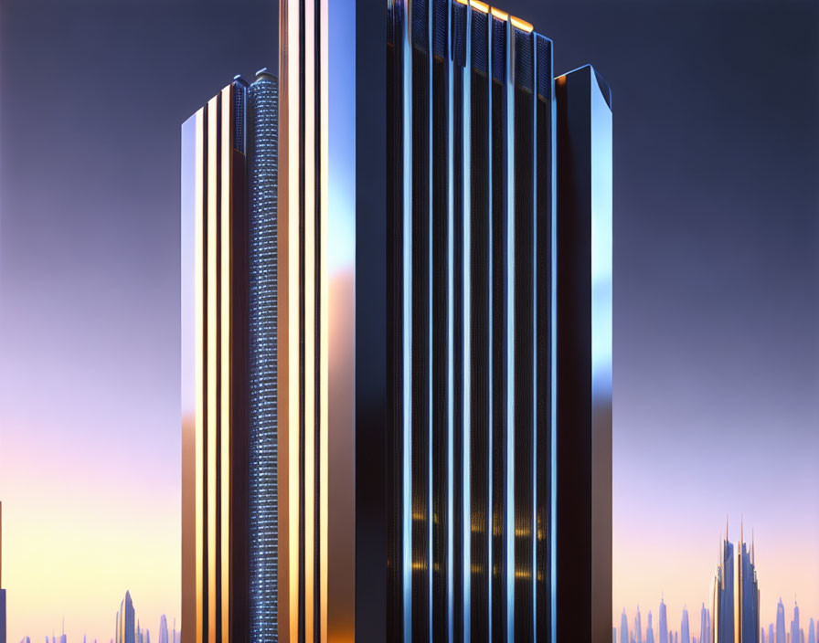 Sleek modern skyscrapers against a sunset cityscape