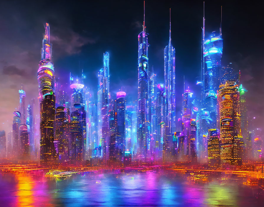 Futuristic cityscape with neon-lit skyscrapers in purple-tinted sky