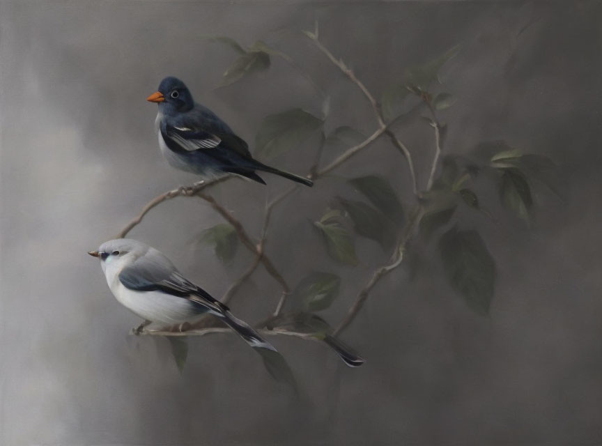 Two Birds Perched on Branch with Green Leaves on Gray Background