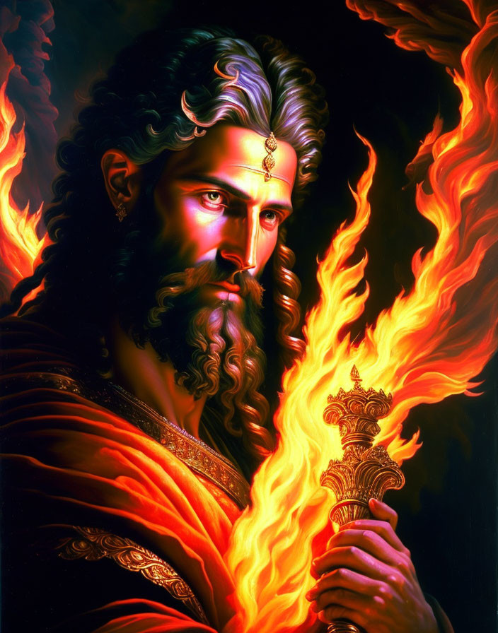 Regal man with beard in ornate headpiece and flaming torch, set against fiery backdrop