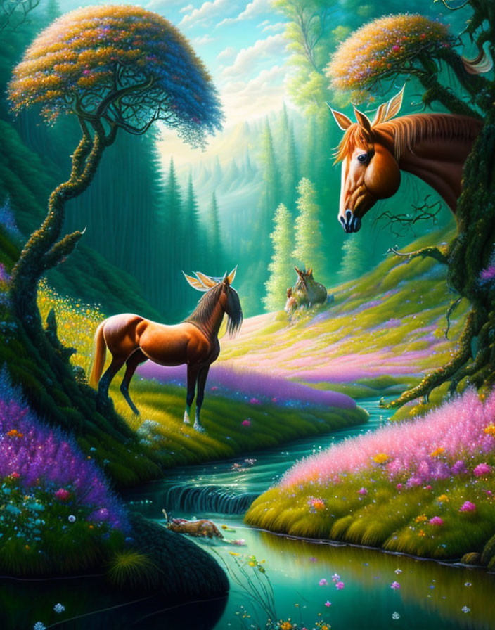 Colorful fantasy landscape with horses, stream, flowers, and whimsical trees