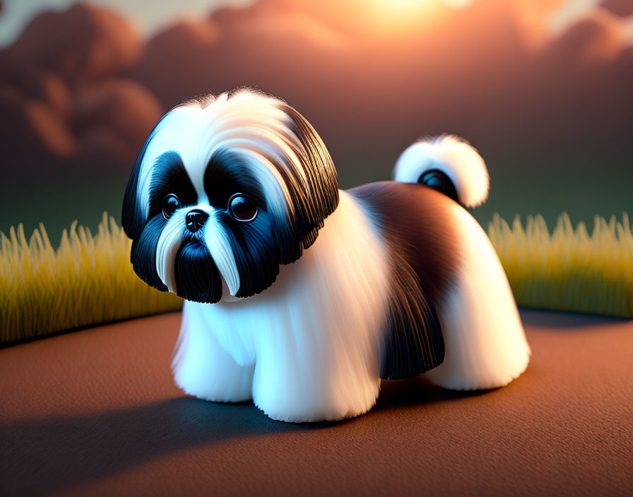 Stylized Shih Tzu dog with fluffy fur in sunset scene