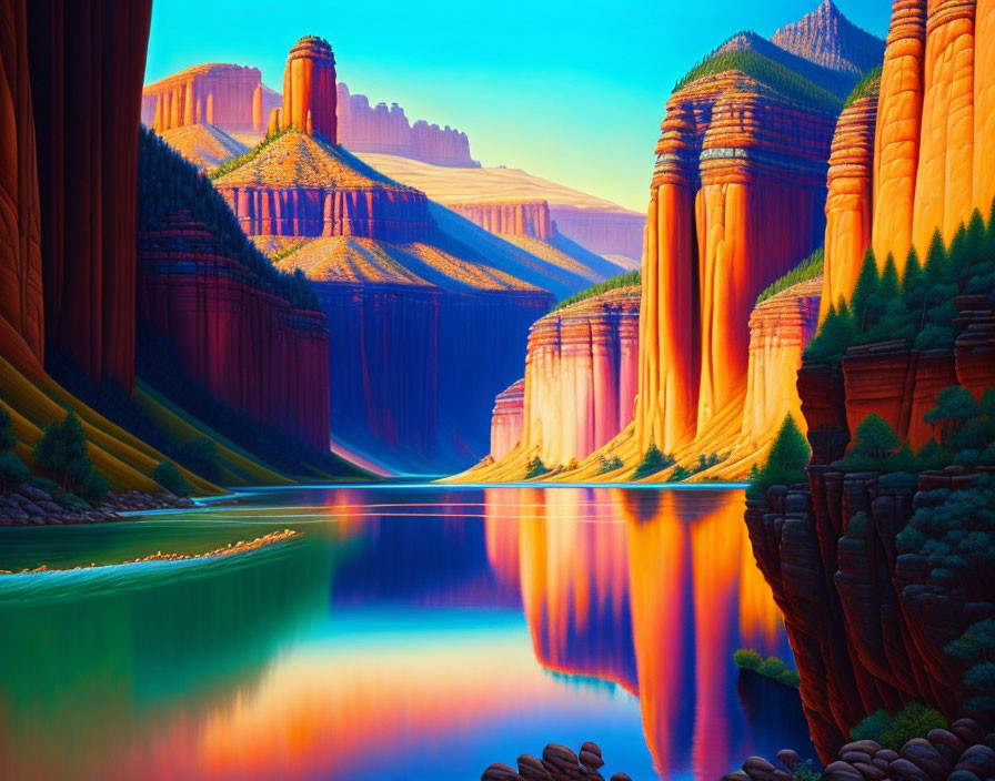 Colorful Stylized Landscape: Orange-Red Cliffs, Blue River, Greenery