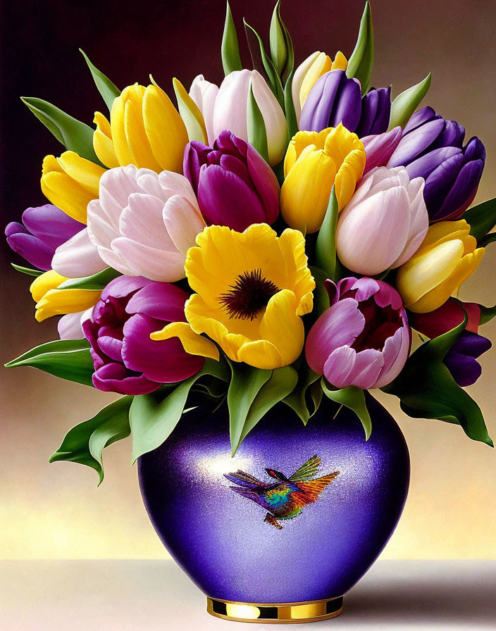 Colorful Tulips and Pansy in Purple Vase with Hummingbird Design