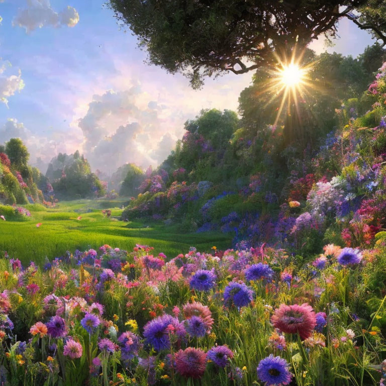 Colorful Flower Landscape Under Tree with Sunburst